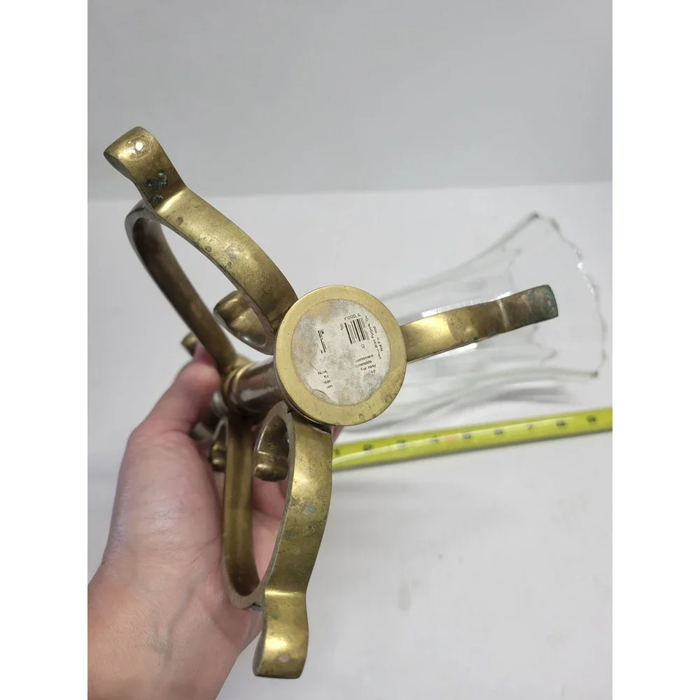 Vintage Brass Hurricane‎ Candle Holder Scroll Tripod Base Scalloped Glass Shade